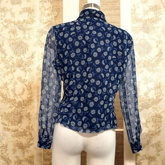 Vintage Y2K Blue Floral Top Small Button Sheer Mock Neck Fitted - Picture 3 of 5